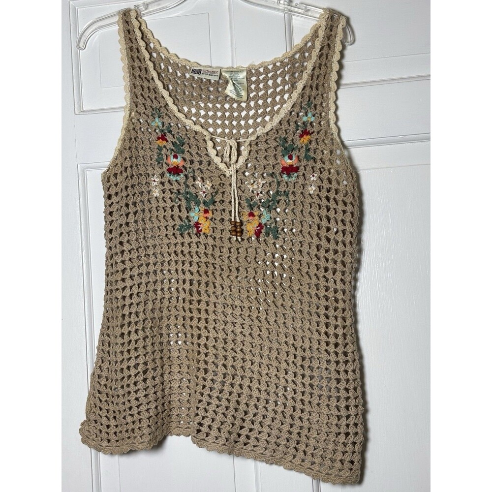 Faded Glory Authentic Crochet Tank Tan w/Flowers Sz M
